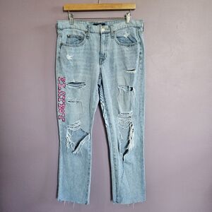 Aeropostale Upcycled Light Wash Distressed High Rise Painted Boyfriend Jeans